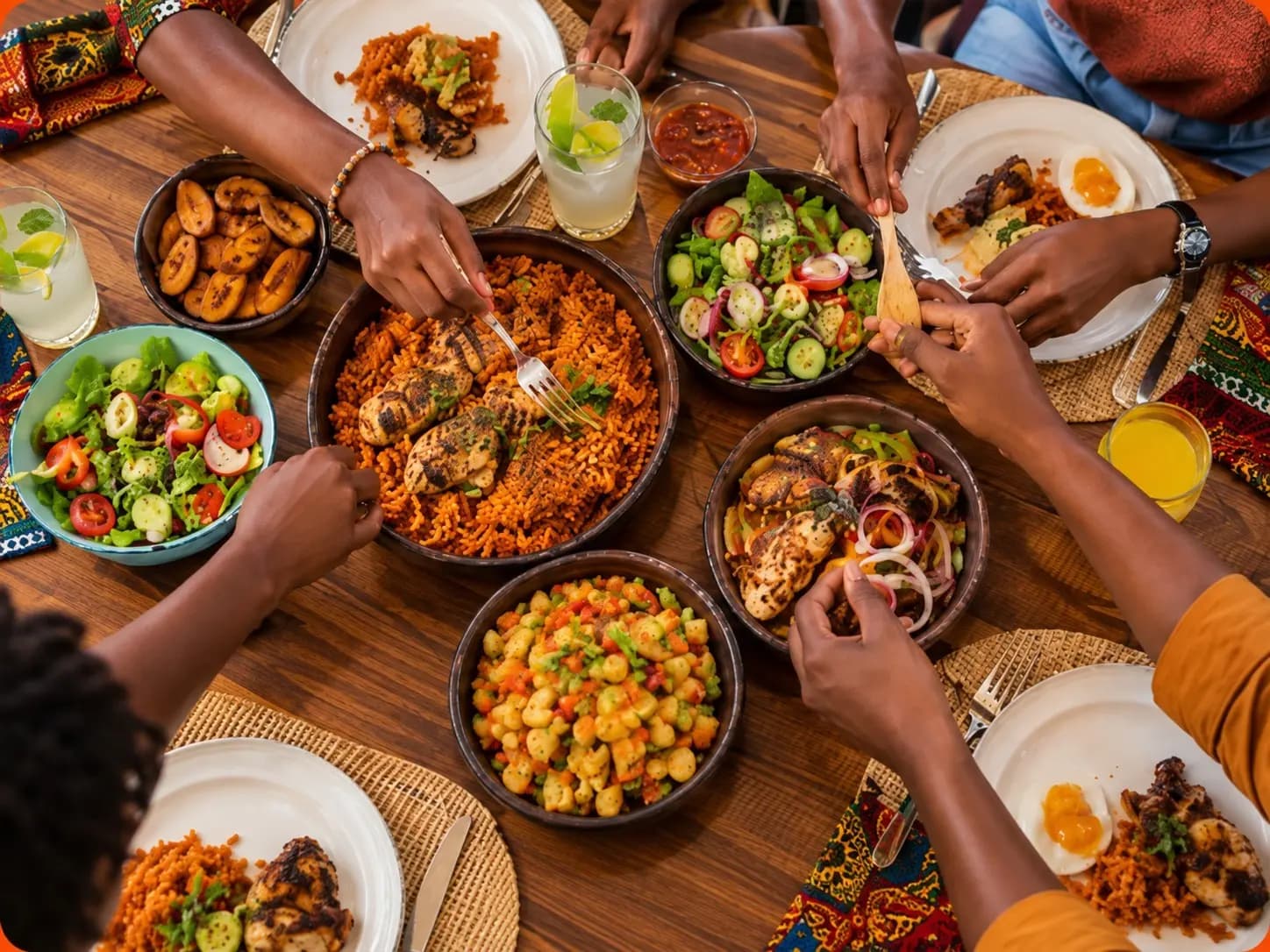 Table partagée avec plusieurs plats et mains qui se servent.