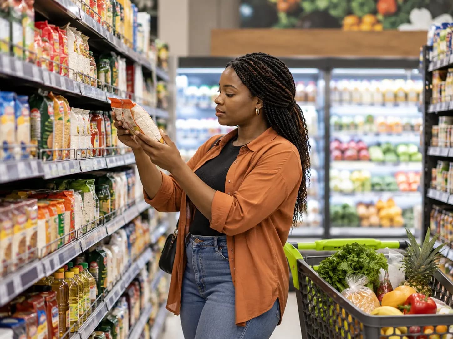 Produits frais et essentiels du quotidien dans un supermarché.